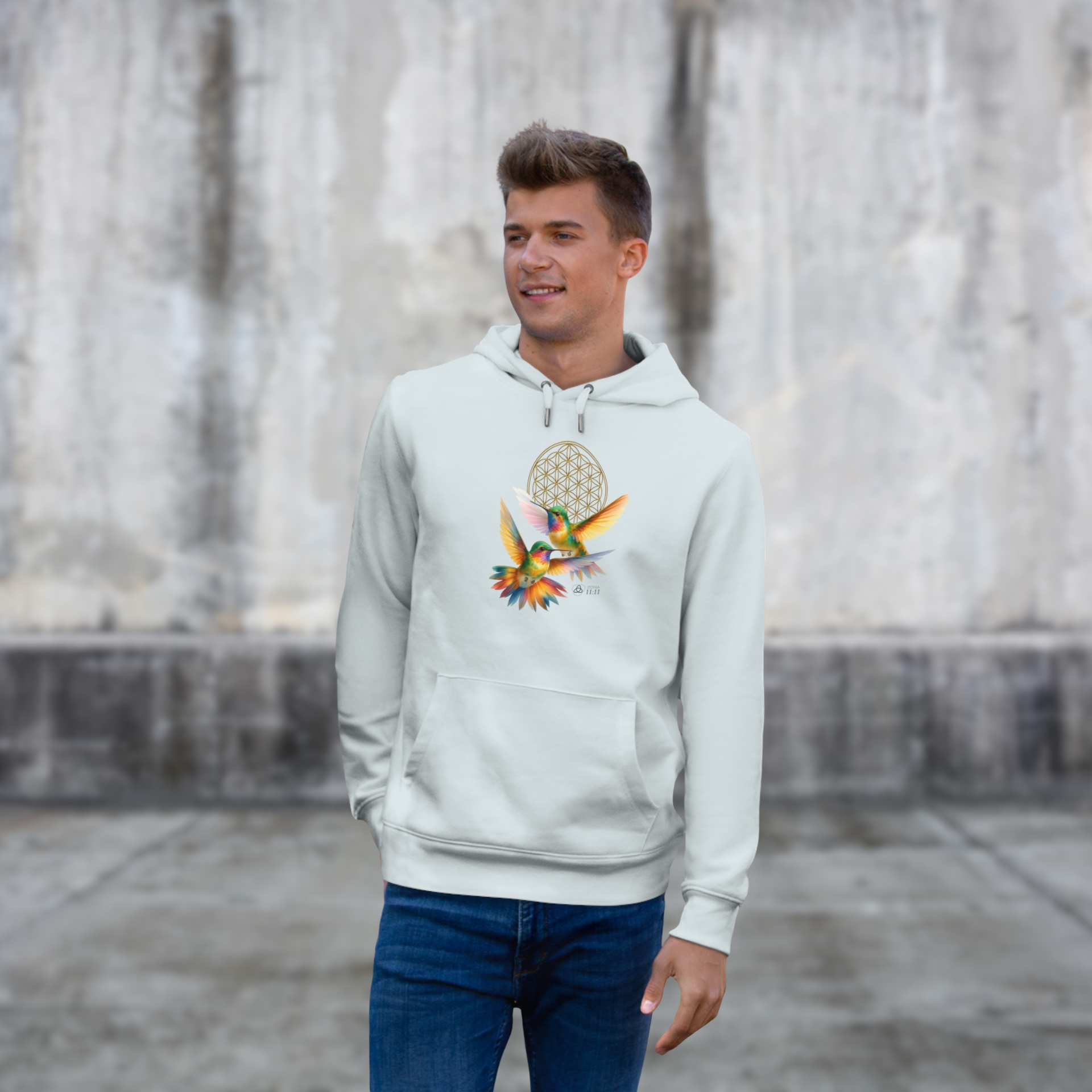 Geometría del Alma – Sudadera Unisex con Colibríes y Flor de la Vida