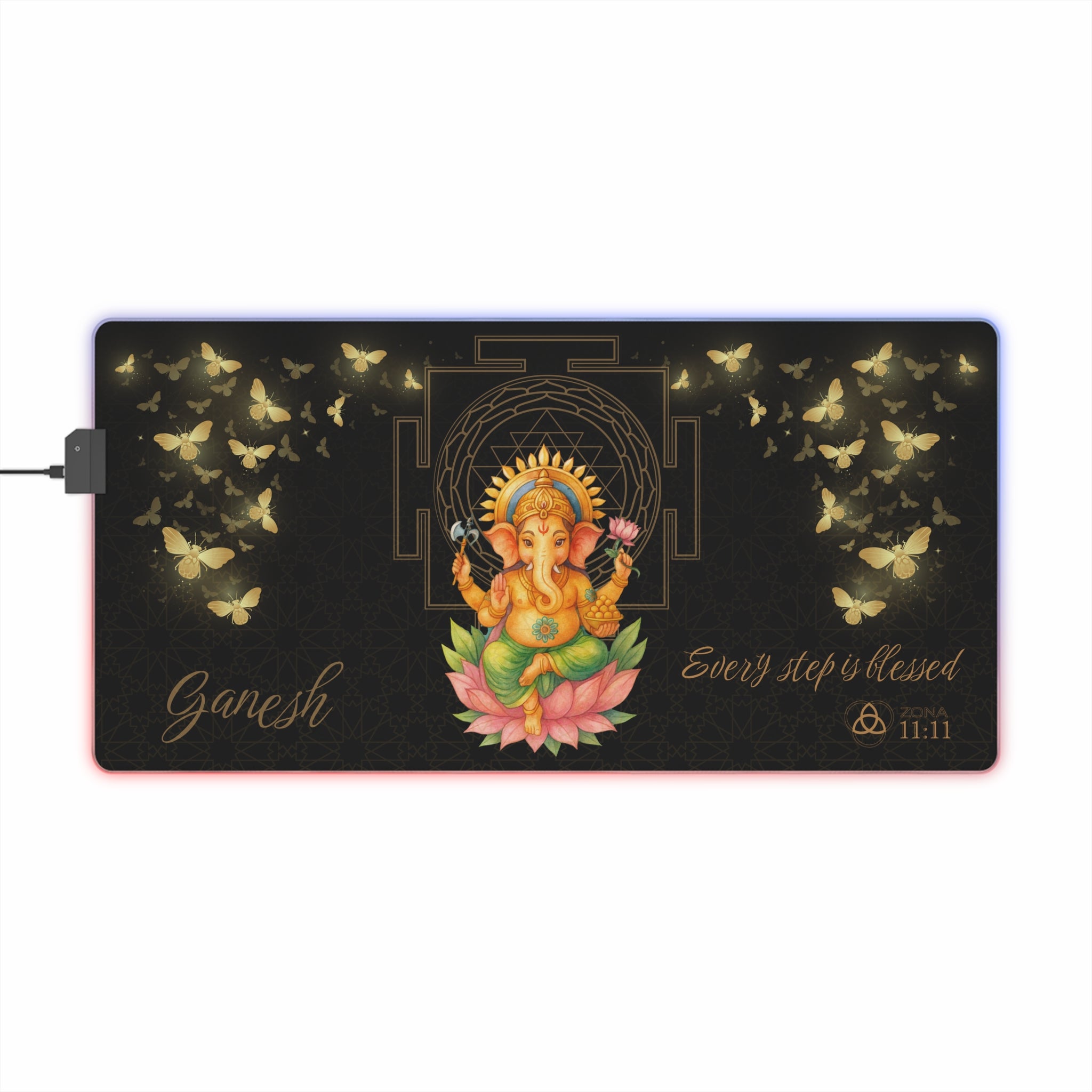 Mouse Pad LED Ganesh Iluminación Divina — 'Every Step Is Blessed' RGB Desk Mat