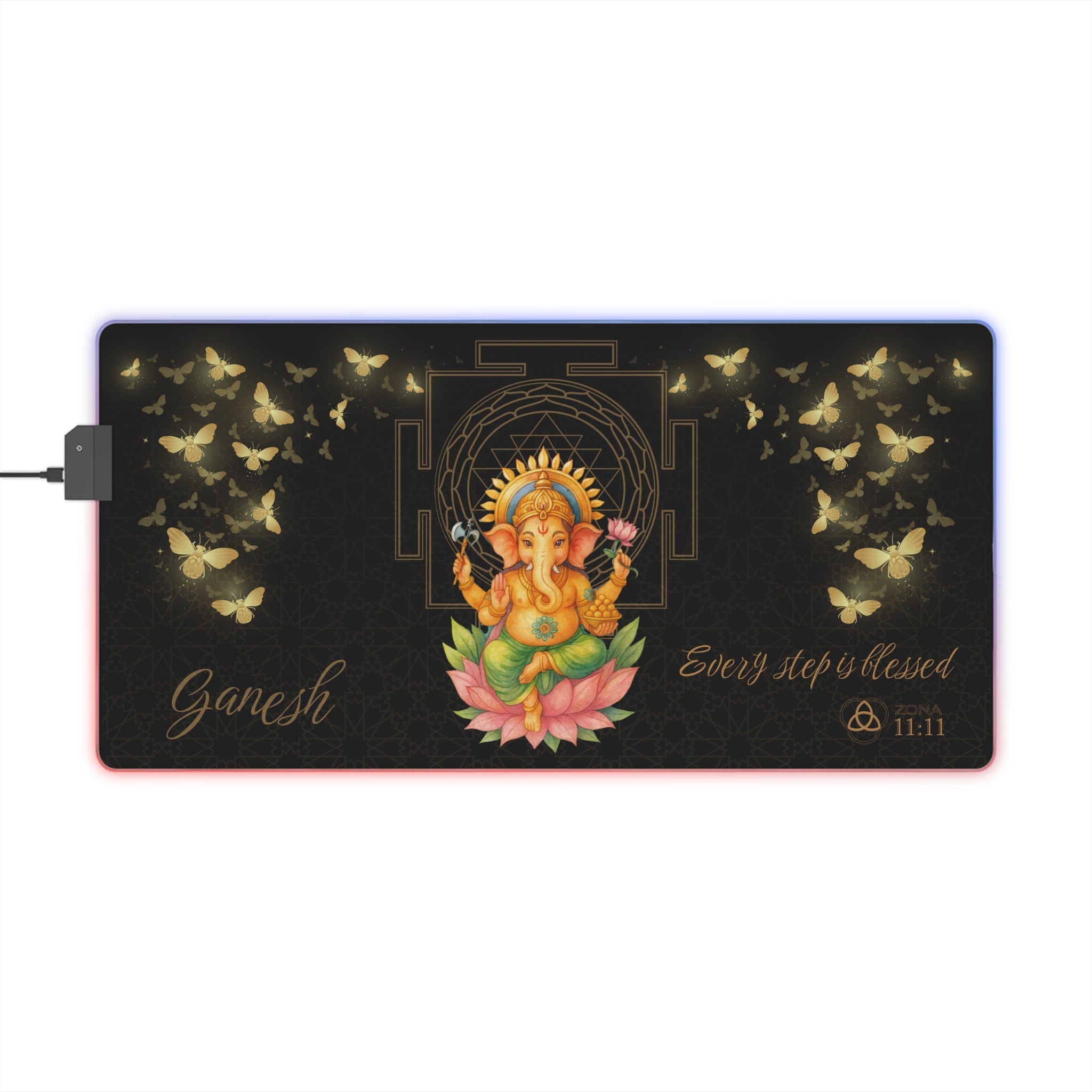 Mouse Pad LED Ganesh Iluminación Divina — 'Every Step Is Blessed' RGB Desk Mat