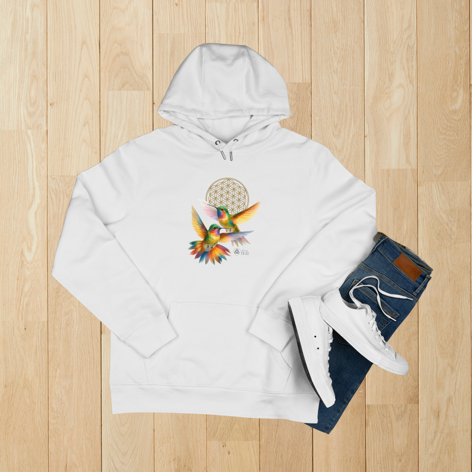 Geometría del Alma – Sudadera Unisex con Colibríes y Flor de la Vida