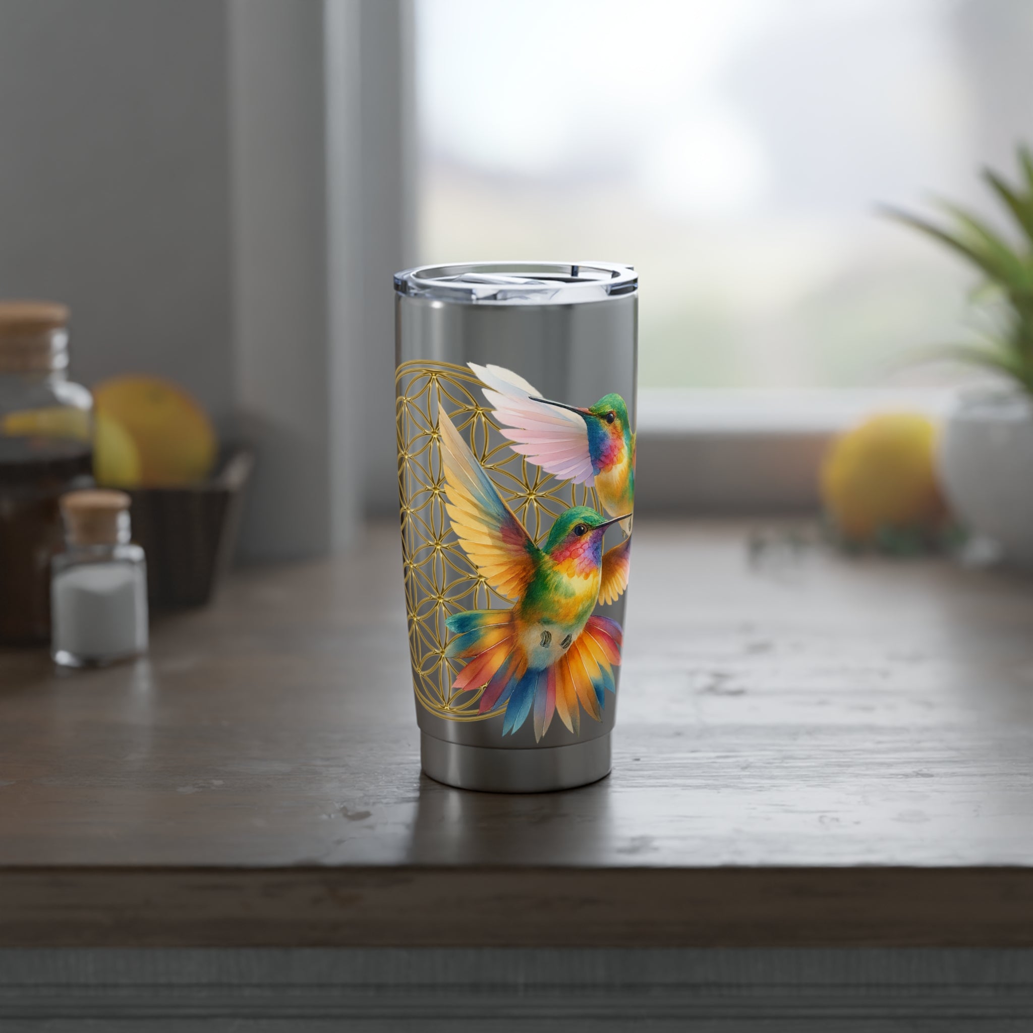 Vaso Térmico 20oz (590 ml) – Colibríes & Flor de la Vida “Joy is sacred”