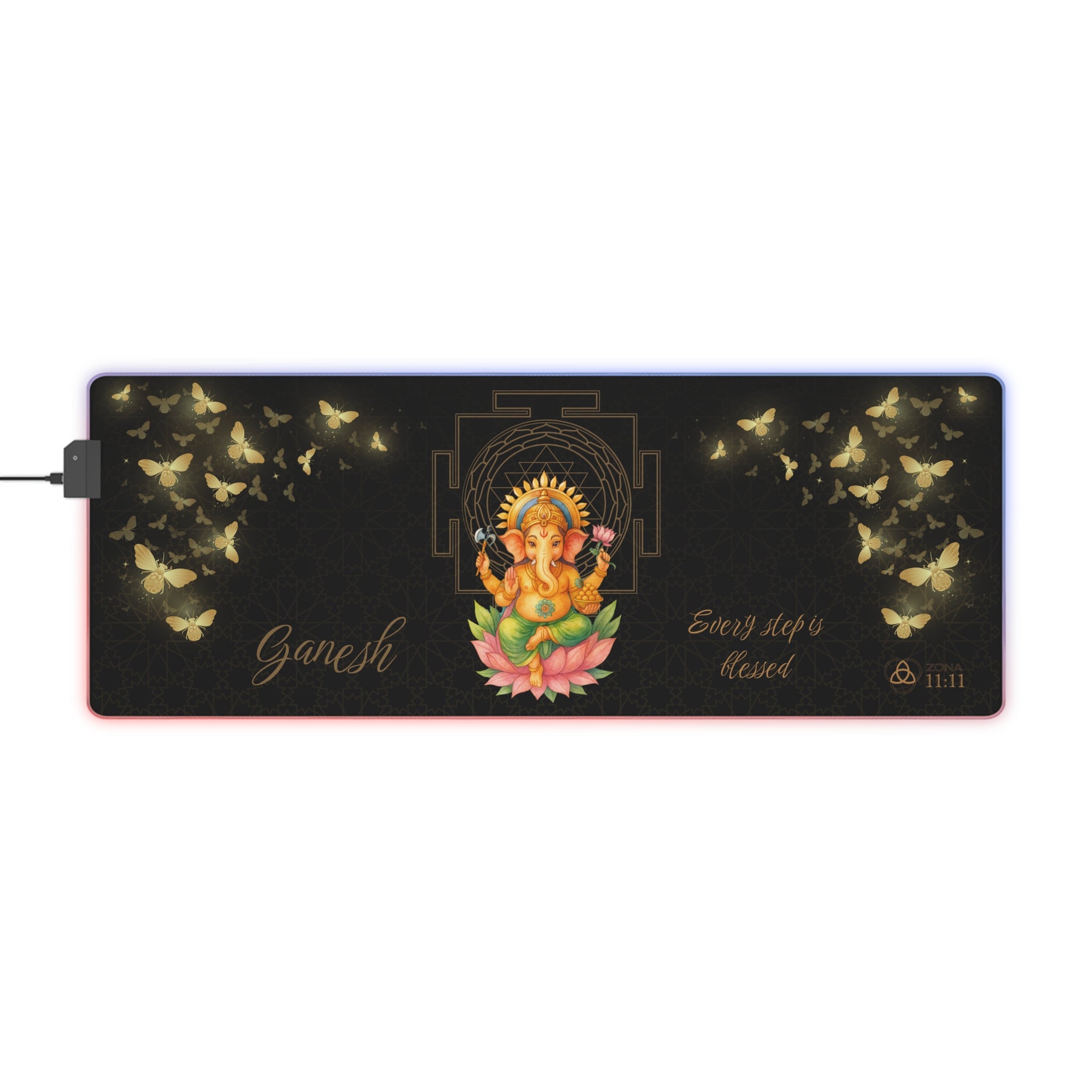 Mouse Pad LED Ganesh Iluminación Divina — 'Every Step Is Blessed' RGB Desk Mat