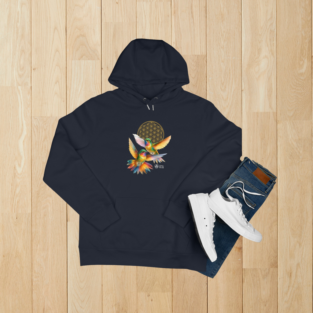 Geometría del Alma – Sudadera Unisex con Colibríes y Flor de la Vida