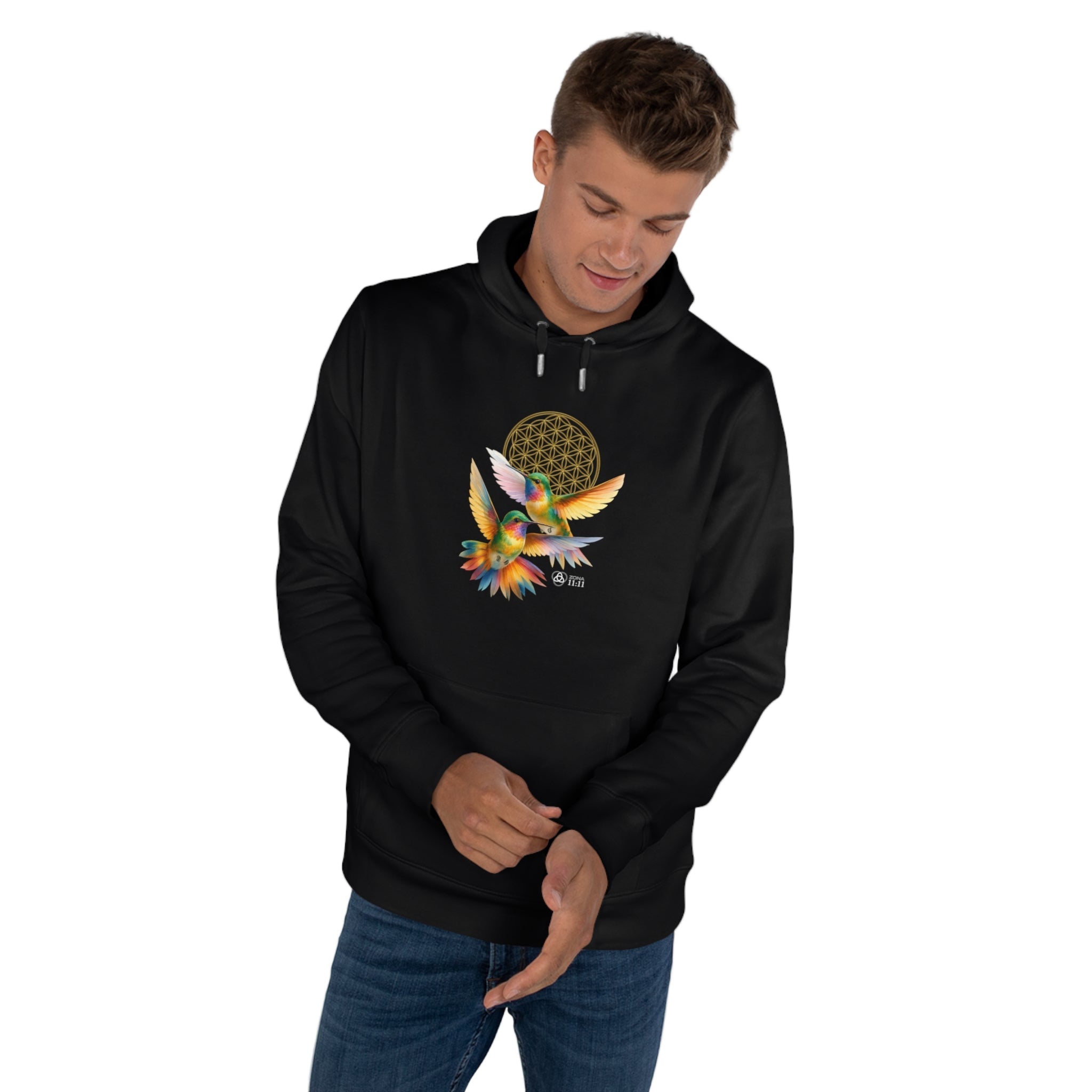 Geometría del Alma – Sudadera Unisex con Colibríes y Flor de la Vida (Black Pure)