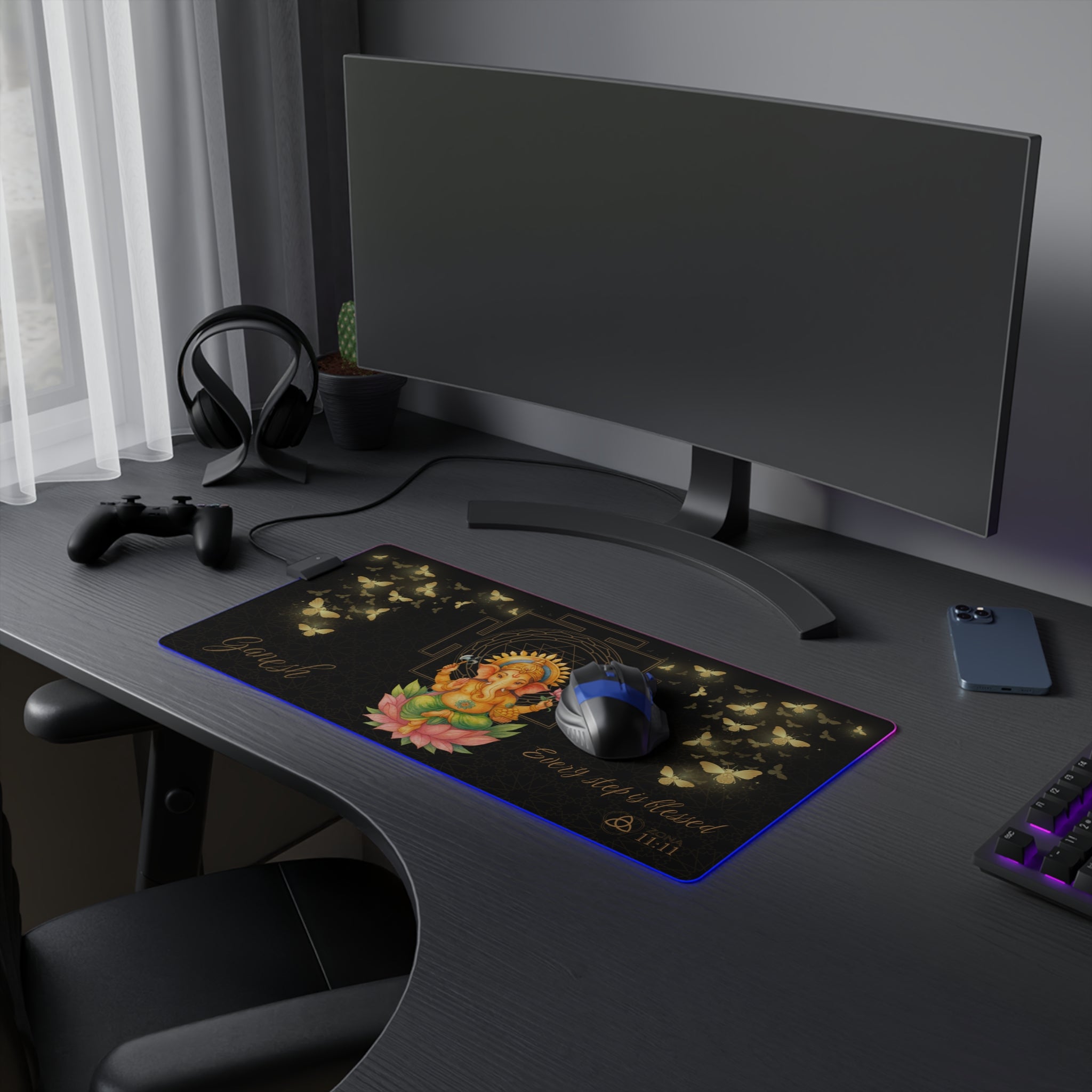 Mouse Pad LED Ganesh Iluminación Divina — 'Every Step Is Blessed' RGB Desk Mat