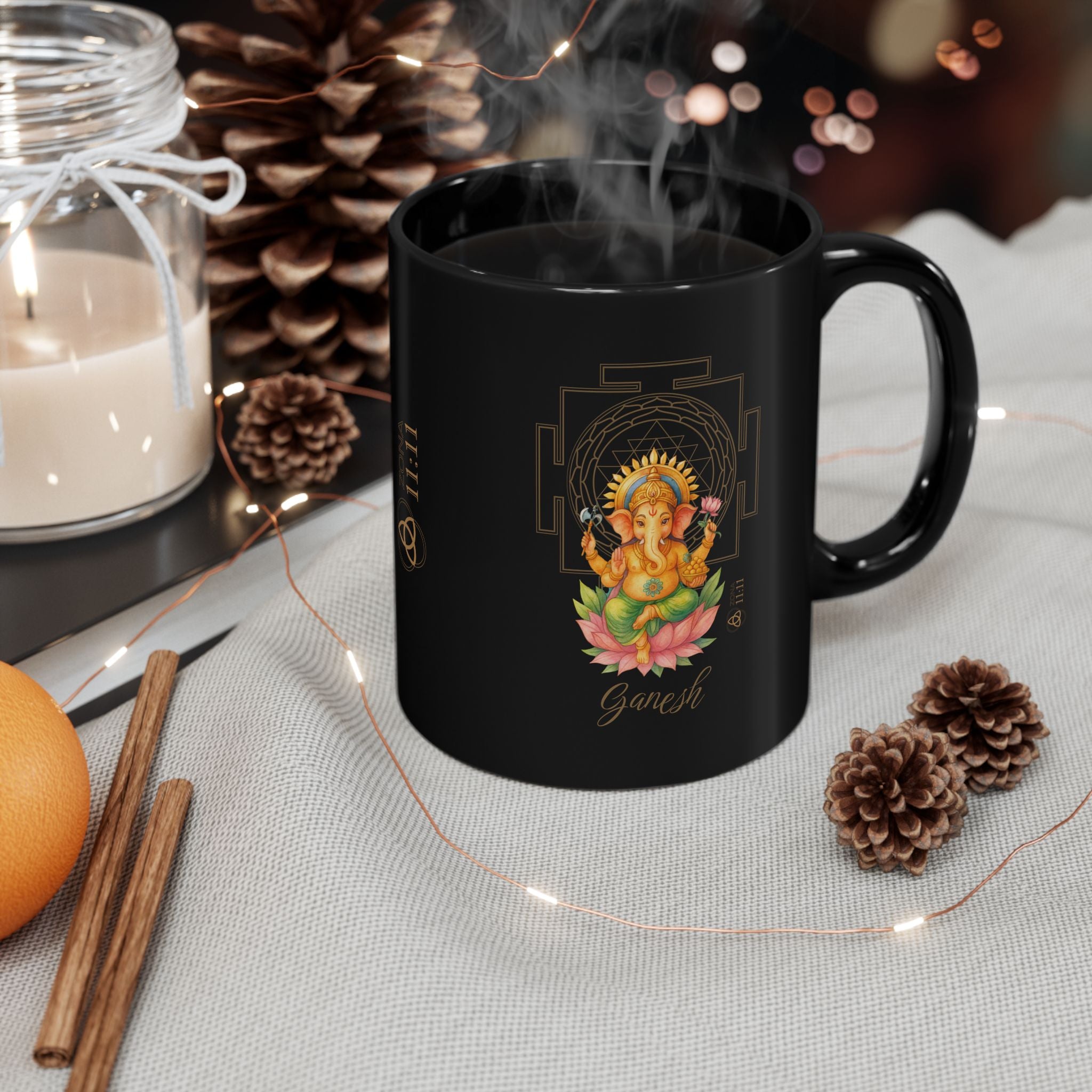 Ganesh Sagrado – Taza Negra Abundancia & Bendición (11oz & 15oz)