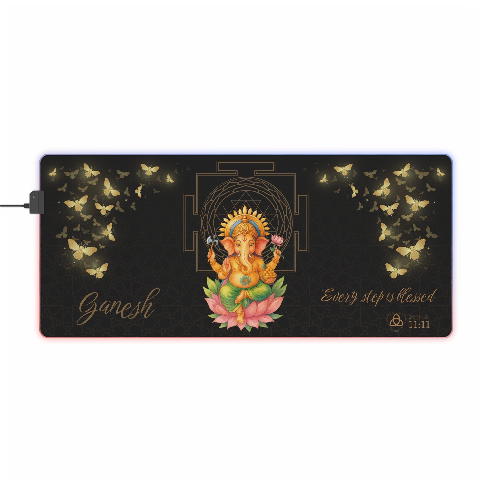 Mouse Pad LED Ganesh Iluminación Divina — 'Every Step Is Blessed' RGB Desk Mat