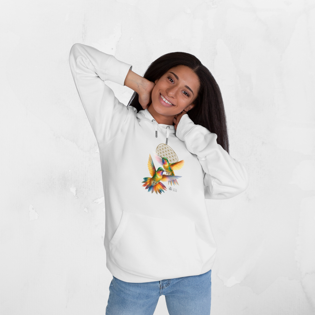 Geometría del Alma – Sudadera Unisex con Colibríes y Flor de la Vida