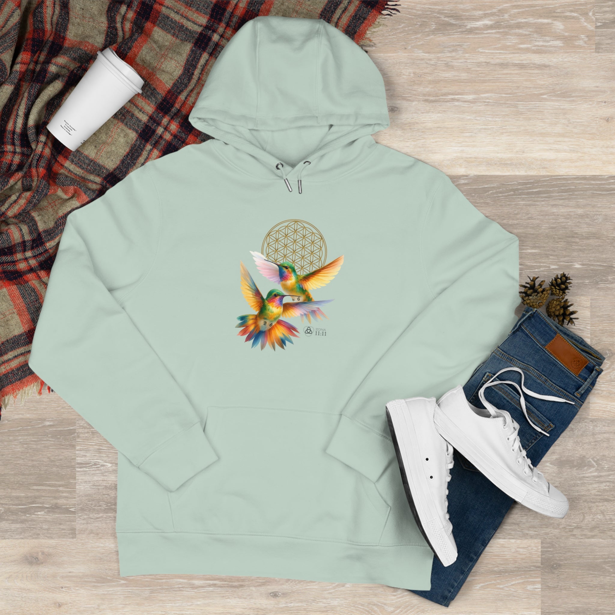 Geometría del Alma – Sudadera Unisex con Colibríes y Flor de la Vida (Aqua Green)