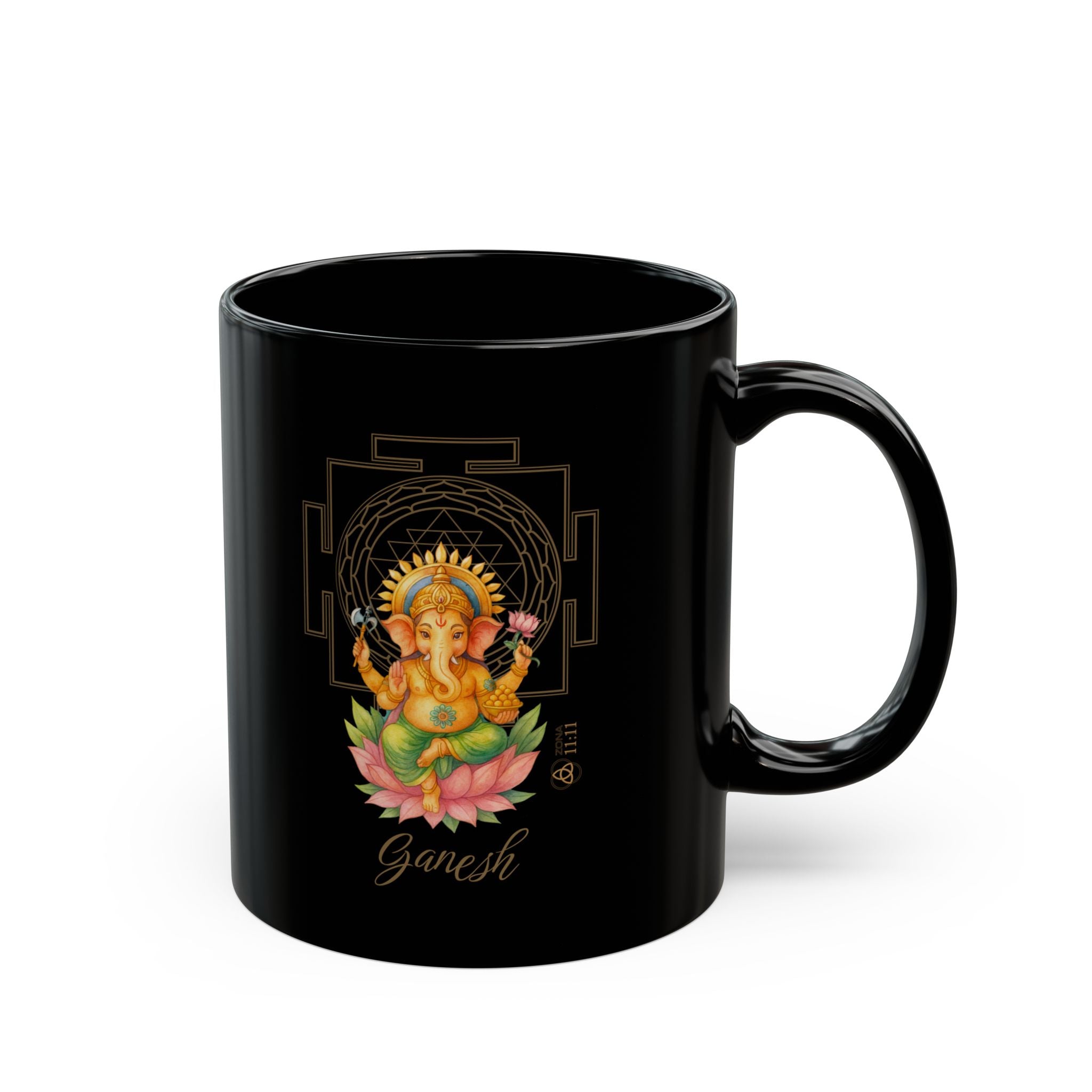 Ganesh Sagrado – Taza Negra Abundancia & Bendición (11oz & 15oz)
