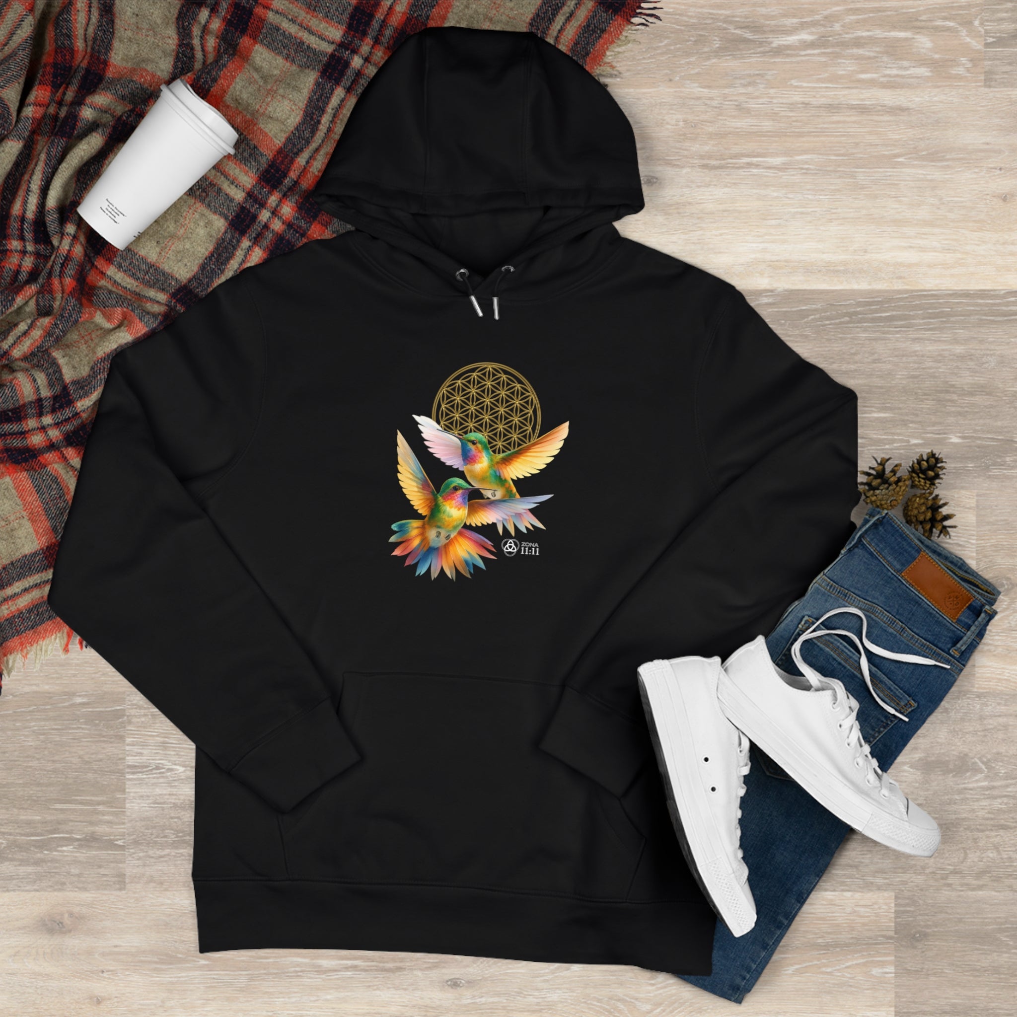 Geometría del Alma – Sudadera Unisex con Colibríes y Flor de la Vida (Black Pure)
