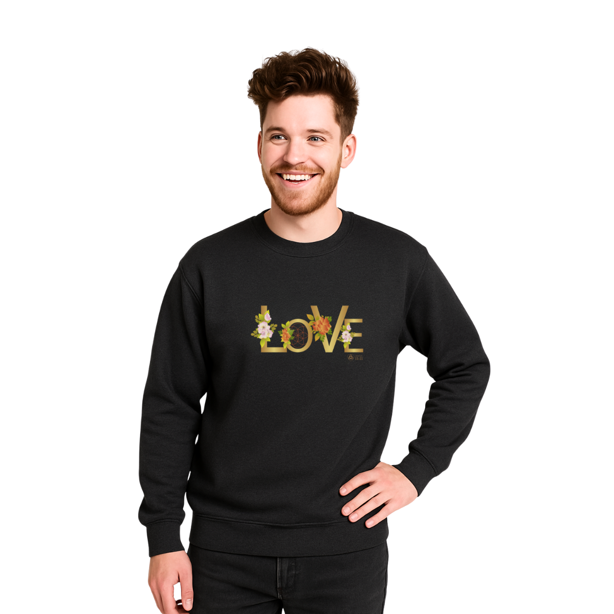 LOVE en Flor – Sudadera Unisex con Semilla de la vida (Black)
