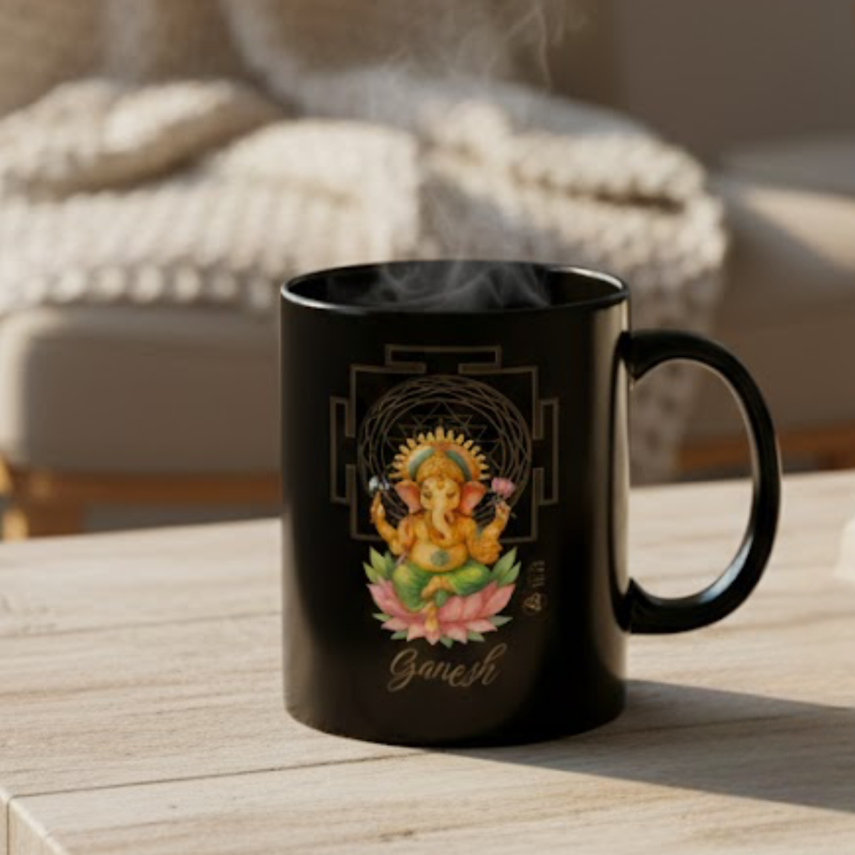 Ganesh Sagrado – Taza Negra Abundancia & Bendición (11oz & 15oz)
