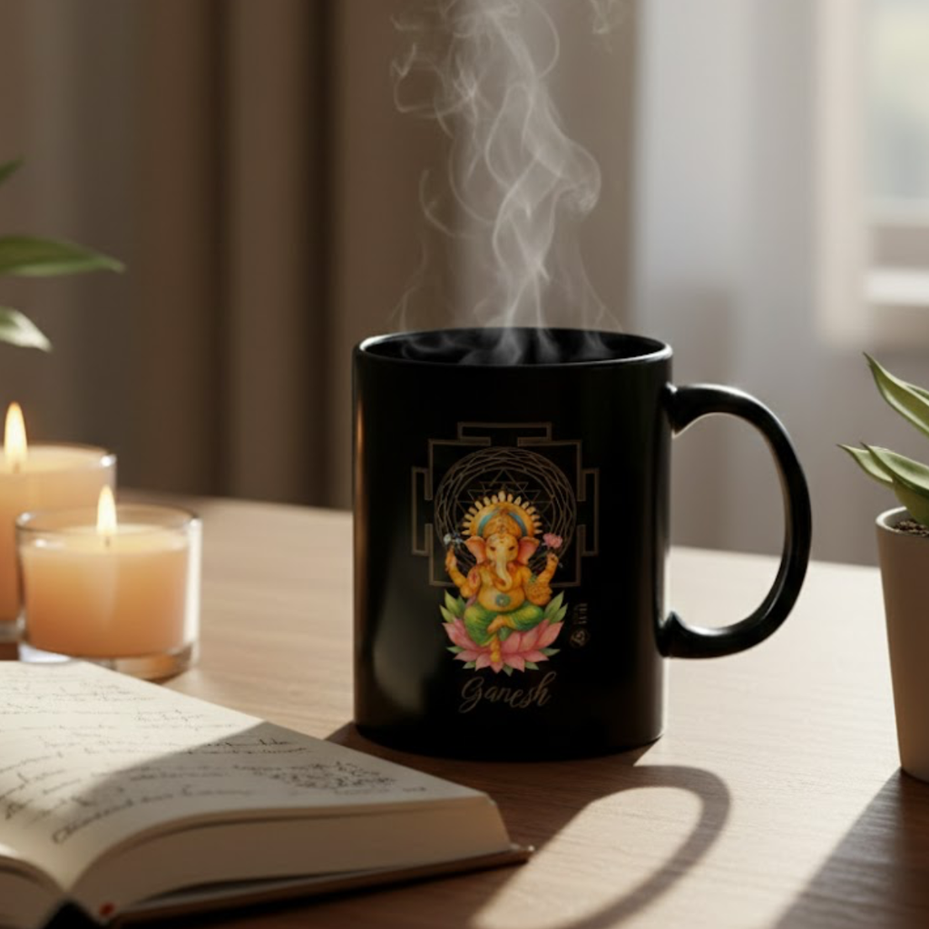 Ganesh Sagrado – Taza Negra Abundancia & Bendición (11oz & 15oz)
