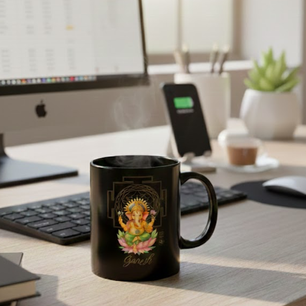 Ganesh Sagrado – Taza Negra Abundancia & Bendición (11oz & 15oz)