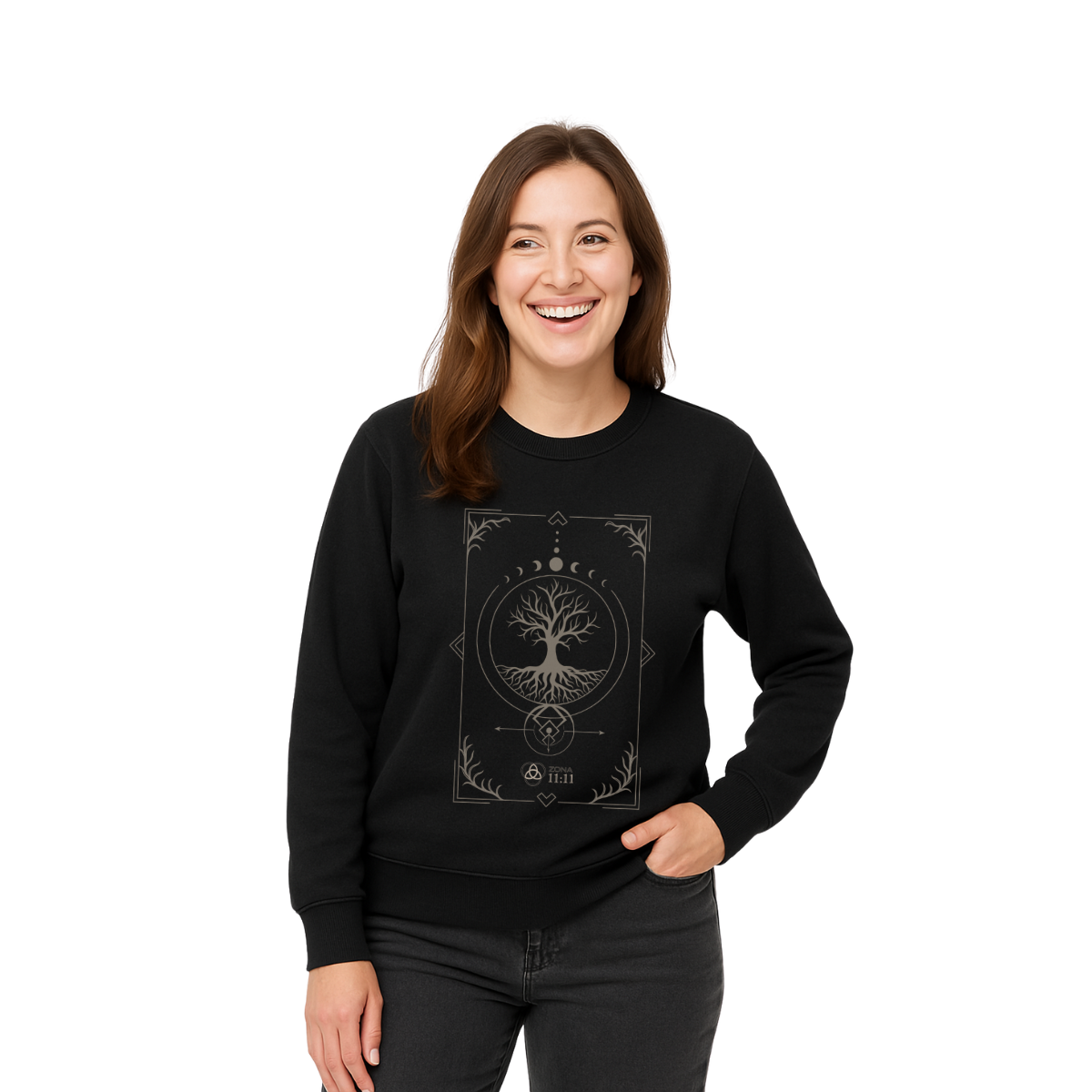 Árbol de la Vida – Sudadera Unisex con Fases Lunares y Geometría Sagrada (Black)