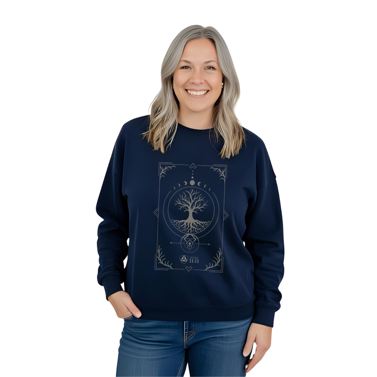 Árbol de la Vida – Sudadera Unisex con Fases Lunares y Geometría Sagrada (Navy)
