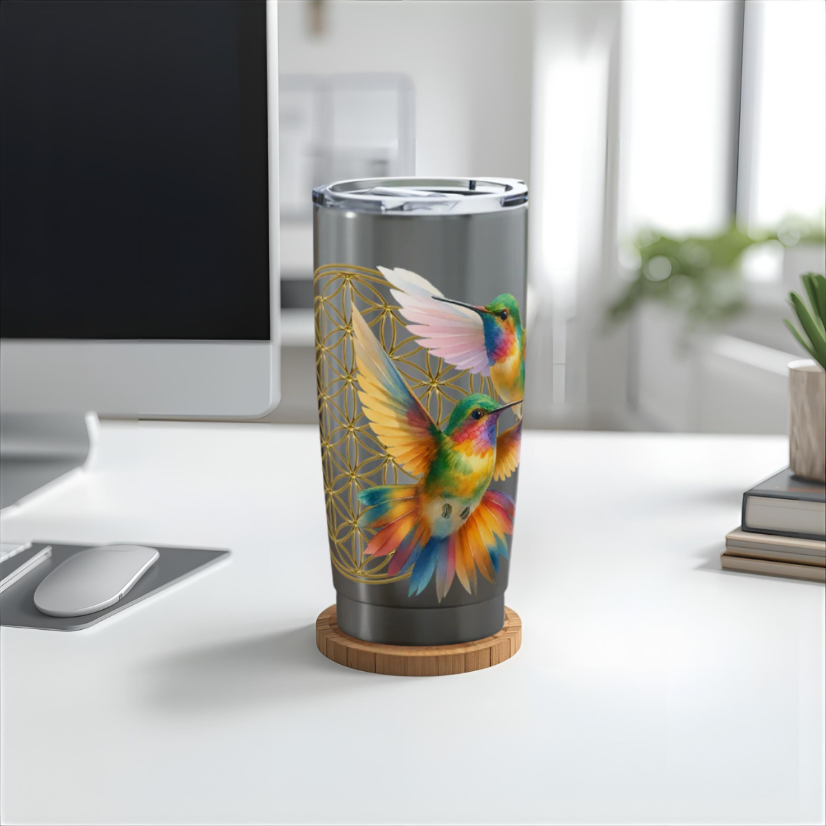 Vaso Térmico 20oz (590 ml) – Colibríes & Flor de la Vida “Joy is sacred”